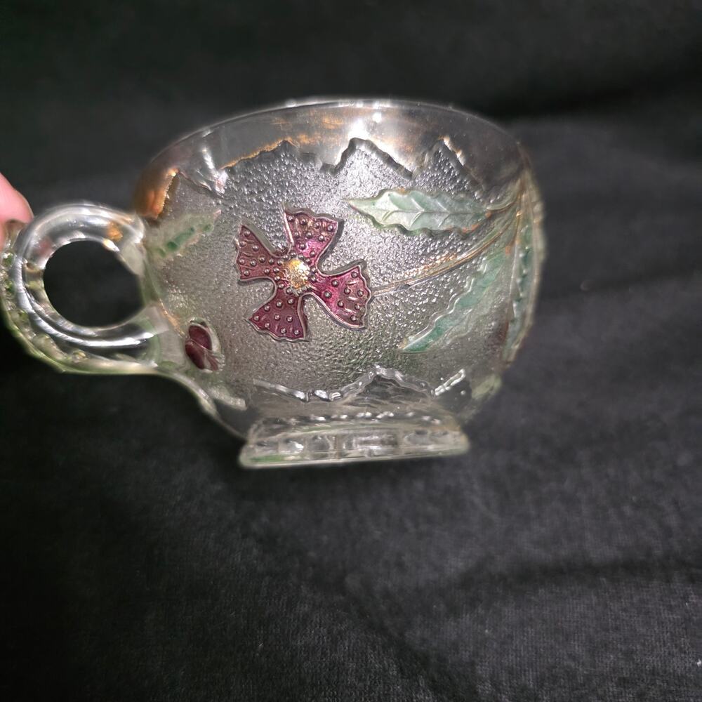 Antique EAPG Pressed Glass Floral Cup – Hand Painted Enamel & Gold –c. 1890–1910